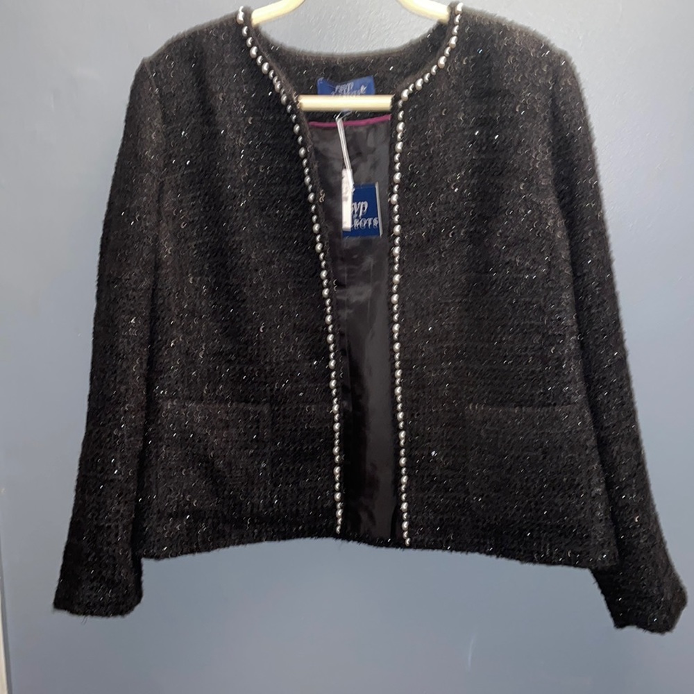 Talbots RSVP Sz 14 Black Tweed or Boucle Jacket with White Pearl Trim Lined NWT